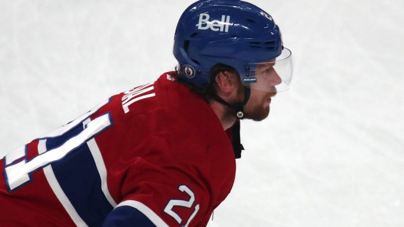 Jun 24, 2021; Montreal, Quebec, CAN; Montreal Canadiens center Eric Staal (21) during the warm-up session before the game six against Vegas Golden Knights of the 2021 Stanley Cup Semifinals at Bell Centre. Mandatory Credit: Jean-Yves Ahern-USA TODAY Sports