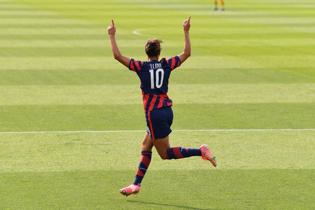 Jul 5, 2021; East Hartford, Connecticut, USA;  The United States forward Carli Lloyd (10) celebrates her goal against the Mexico during the first half during a USWNT Send-off Series soccer match at Pratt & Whitney Stadium. Mandatory Credit: Dennis Schneidler-USA TODAY Sports