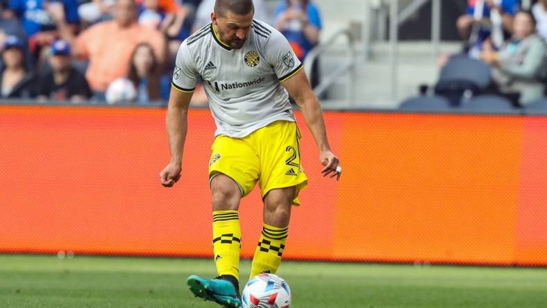 Jul 9, 2021; Cincinnati, OH, USA; Columbus Crew SC midfielder Perry Kitchen (2) plays the field against FC Cincinnati in the first half at TQL Stadium. Mandatory Credit: Katie Stratman-USA TODAY Sports