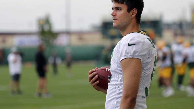 Aug 11, 2021; Green Bay, WI, USA; Green Bay Packers quarterback Blake Bortles (9) participates in training camp Wednesday, August 11, 2021, in Green Bay, Wis.   Mandatory Credit: Dan Powers-USA TODAY NETWORK