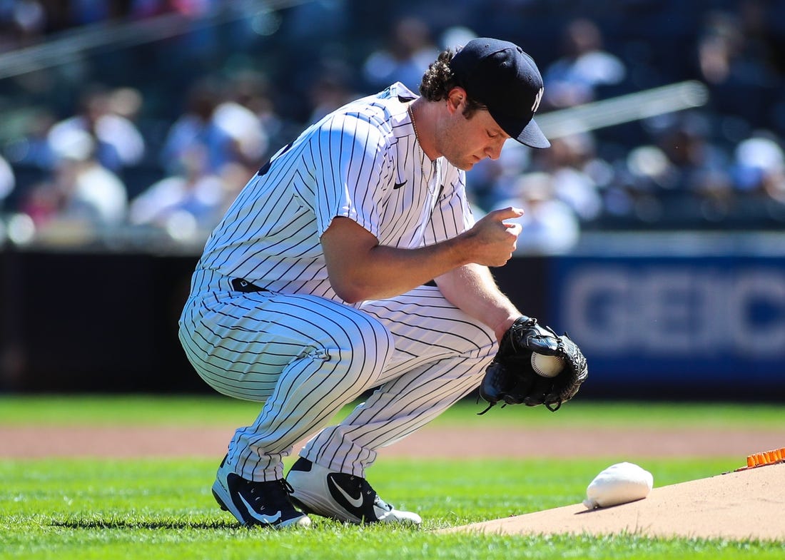 Sep 19, 2021; Bronx, New York, USA;  New York Yankees pitcher Gerrit Cole (45) at Yankee Stadium. Mandatory Credit: Wendell Cruz-USA TODAY Sports