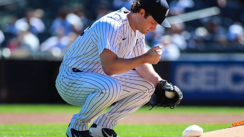 Sep 19, 2021; Bronx, New York, USA;  New York Yankees pitcher Gerrit Cole (45) at Yankee Stadium. Mandatory Credit: Wendell Cruz-USA TODAY Sports