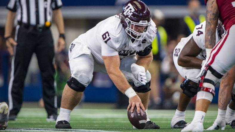 Sep 25, 2021; Arlington, Texas, USA; Texas A&M Aggies offensive lineman Bryce Foster (61) in action during the game between the Arkansas Razorbacks and the Texas A&M Aggies at AT&T Stadium. Mandatory Credit: Jerome Miron-USA TODAY Sports