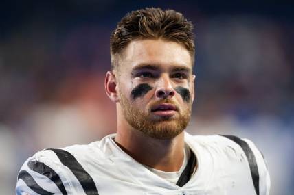 Oct 17, 2021; Detroit, Michigan, USA; Cincinnati Bengals linebacker Joe Bachie (49) after the game against the Detroit Lions at Ford Field. Mandatory Credit: Raj Mehta-USA TODAY Sports