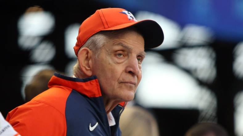 Oct 31, 2021; Atlanta, Georgia, USA; Houston Astros fan Jim "Mattress Mack" McIngvale watches batting practice prior to game five of the 2021 World Series against the Atlanta Braves at Truist Park. Mandatory Credit: Brett Davis-USA TODAY Sports