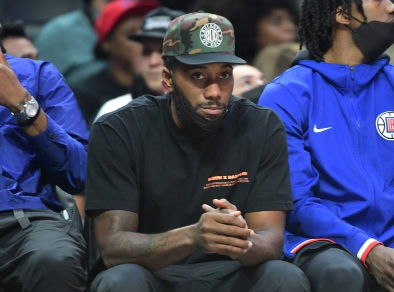 Nov 11, 2021; Los Angeles, California, USA;   Los Angeles Clippers forward Kawhi Leonard (2) looks on from the bench during the game against the Miami Heat at Staples Center. Mandatory Credit: Jayne Kamin-Oncea-USA TODAY Sports