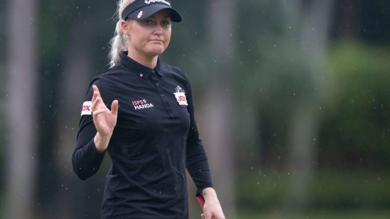 Charley Hull (ENG) walks off the green on the 11th hole during the first round of the LPGA's CME Group Tour Championship, Thursday, Nov. 18, 2021, at Tibur  n Golf Club at the Ritz-Carlton Golf Resort in Naples, Fla.

LPGA's CME Group Tour Championship first round