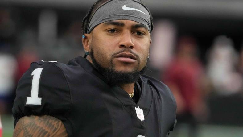 Dec 5, 2021; Paradise, Nevada, USA; Las Vegas Raiders wide receiver DeSean Jackson (1) reacts against the Washington Football Team in the first half at Allegiant Stadium. Mandatory Credit: Kirby Lee-USA TODAY Sports