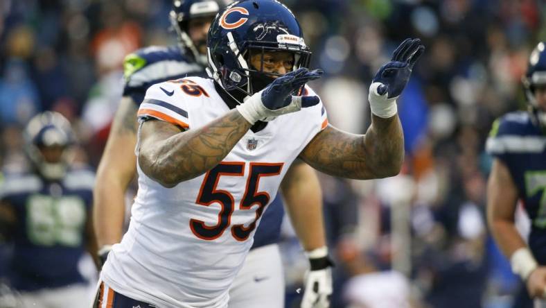 Dec 26, 2021; Seattle, Washington, USA; Chicago Bears linebacker Bruce Irvin (55) celebrates following turnover on downs against the Seattle Seahawks during the fourth quarter at Lumen Field. Mandatory Credit: Joe Nicholson-USA TODAY Sports