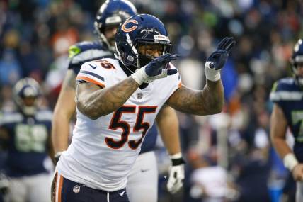 Dec 26, 2021; Seattle, Washington, USA; Chicago Bears linebacker Bruce Irvin (55) celebrates following turnover on downs against the Seattle Seahawks during the fourth quarter at Lumen Field. Mandatory Credit: Joe Nicholson-USA TODAY Sports
