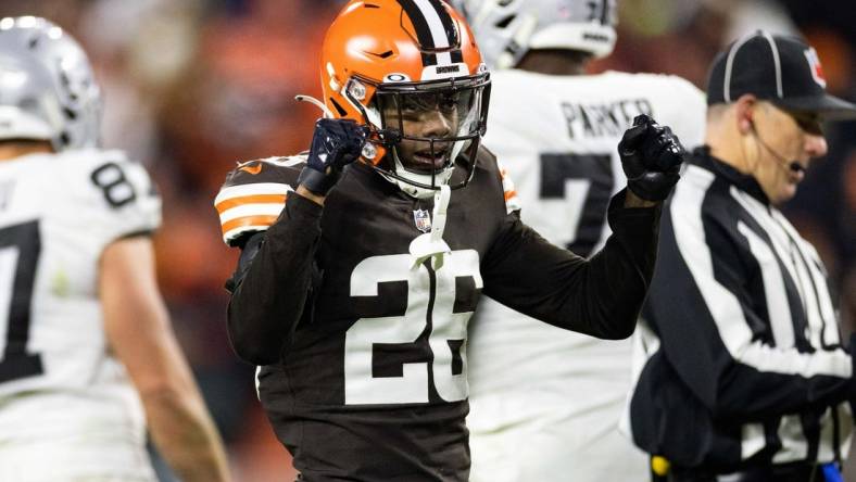 Dec 20, 2021; Cleveland, Ohio, USA; Cleveland Browns cornerback Greedy Williams (26) during the fourth quarter against the Las Vegas Raiders at FirstEnergy Stadium. Mandatory Credit: Scott Galvin-USA TODAY Sports