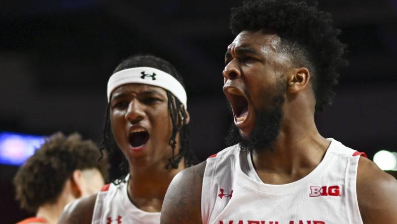 Jan 21, 2022; College Park, Maryland, USA; Maryland Terrapins forward Donta Scott (24) reacts after making basket during the second half against Illinois Fighting Illini at Xfinity Center. Mandatory Credit: Tommy Gilligan-USA TODAY Sports