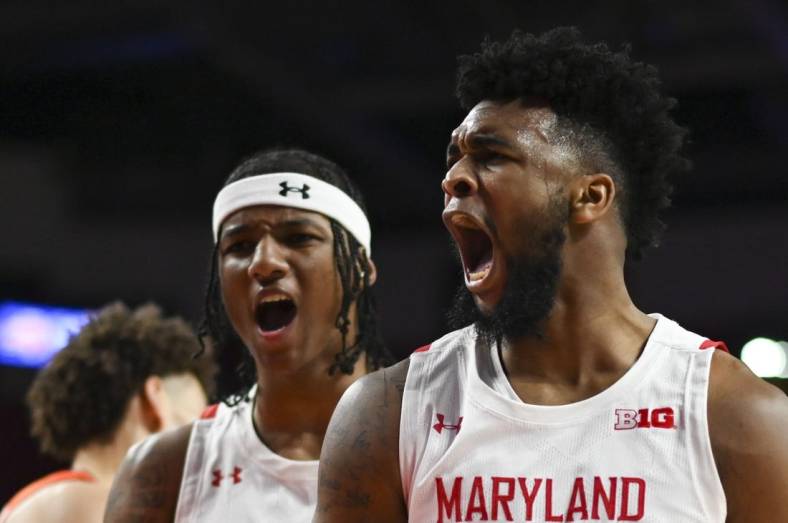 Jan 21, 2022; College Park, Maryland, USA; Maryland Terrapins forward Donta Scott (24) reacts after making basket during the second half against Illinois Fighting Illini at Xfinity Center. Mandatory Credit: Tommy Gilligan-USA TODAY Sports