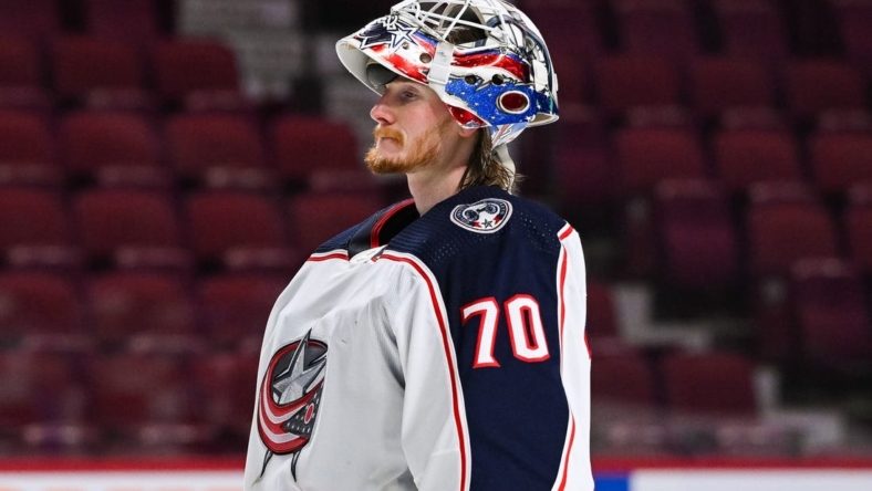 Jan 30, 2022; Montreal, Quebec, CAN; Columbus Blue Jackets goalie Joonas Korpisalo (70) during the second period at Bell Centre. Mandatory Credit: David Kirouac-USA TODAY Sports