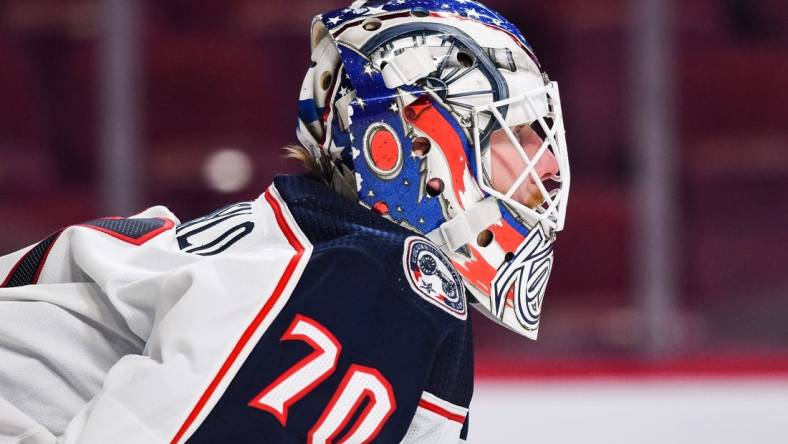 Jan 30, 2022; Montreal, Quebec, CAN; Columbus Blue Jackets goalie Joonas Korpisalo (70) during the second period at Bell Centre. Mandatory Credit: David Kirouac-USA TODAY Sports