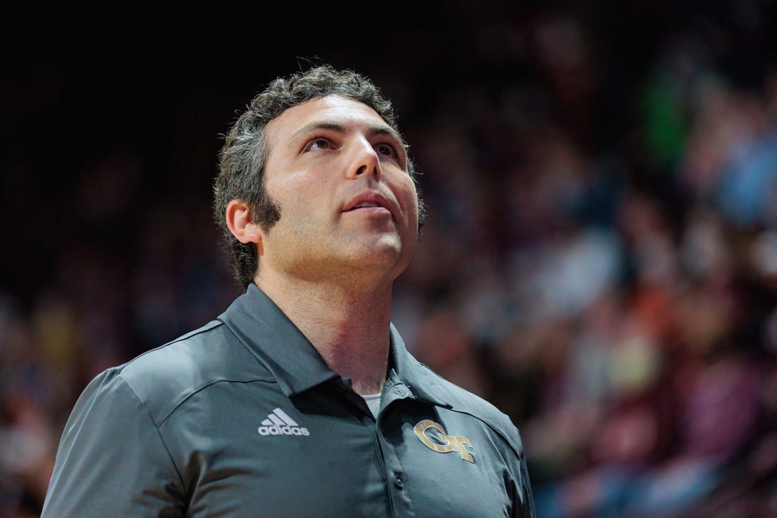 Feb 2, 2022; Blacksburg, Virginia, USA; Georgia Tech Yellow Jackets head coach Josh Pastner looks on prior to a game against the Virginia Tech Hokies at Cassell Coliseum. Mandatory Credit: Ryan Hunt-USA TODAY Sports