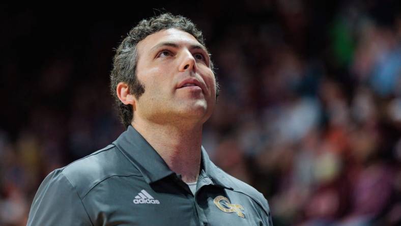 Feb 2, 2022; Blacksburg, Virginia, USA; Georgia Tech Yellow Jackets head coach Josh Pastner looks on prior to a game against the Virginia Tech Hokies at Cassell Coliseum. Mandatory Credit: Ryan Hunt-USA TODAY Sports