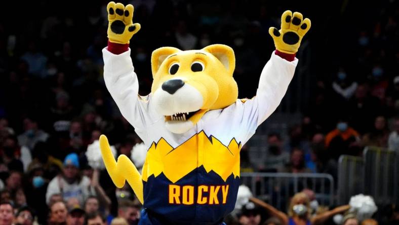 Feb 4, 2022; Denver, Colorado, USA; Denver Nuggets mascot Rocky performs in the second half against the New Orleans Pelicans at Ball Arena. Mandatory Credit: Ron Chenoy-USA TODAY Sports