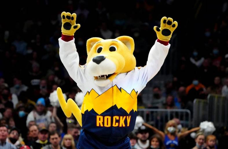 Feb 4, 2022; Denver, Colorado, USA; Denver Nuggets mascot Rocky performs in the second half against the New Orleans Pelicans at Ball Arena. Mandatory Credit: Ron Chenoy-USA TODAY Sports
