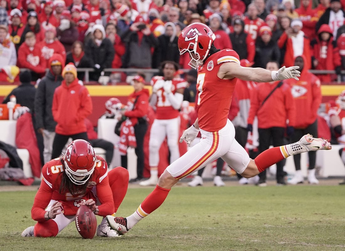 Jan 30, 2022; Kansas City, Missouri, USA; Kansas City Chiefs kicker Harrison Butker (7) kicks a field goal against the Cincinnati Bengals during the AFC Championship game at GEHA Field at Arrowhead Stadium. Mandatory Credit: Denny Medley-USA TODAY Sports