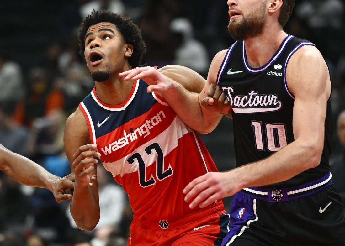 Feb 12, 2022; Washington, District of Columbia, USA; Washington Wizards center Vernon Carey Jr. (22) blocks out against the Sacramento Kings during the second half at Capital One Arena. Mandatory Credit: Brad Mills-USA TODAY Sports