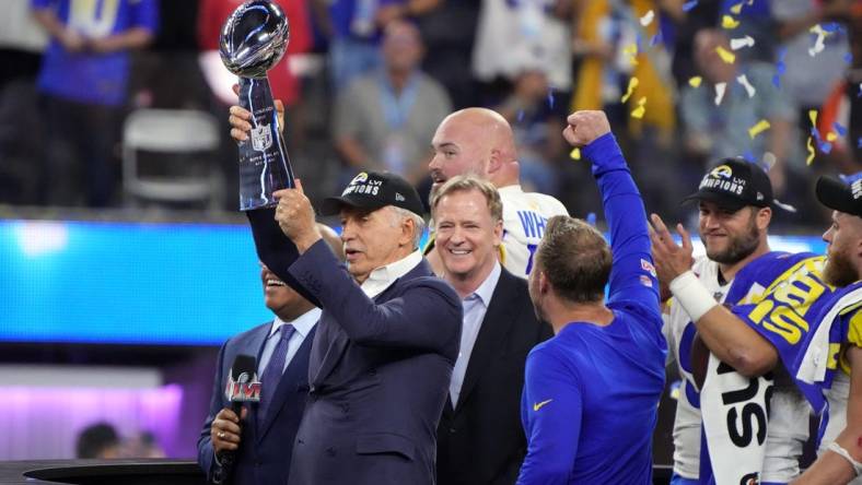 Feb 13, 2022; Inglewood, California, USA; Los Angeles Rams owner Stan Kroenke holds the Vince Lombardi Trophy after the Rams defeated the Cincinnati Bengals in Super Bowl LVI at SoFi Stadium. Mandatory Credit: Kirby Lee-USA TODAY Sports