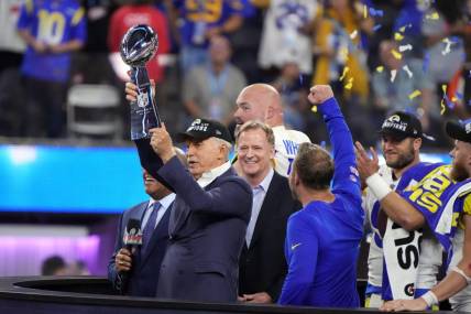 Feb 13, 2022; Inglewood, California, USA; Los Angeles Rams owner Stan Kroenke holds the Vince Lombardi Trophy after the Rams defeated the Cincinnati Bengals in Super Bowl LVI at SoFi Stadium. Mandatory Credit: Kirby Lee-USA TODAY Sports
