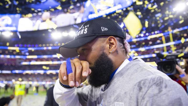 Feb 13, 2022; Inglewood, CA, USA; Los Angeles Rams wide receiver Odell Beckham Jr. reacts after defeating the Cincinnati Bengals during Super Bowl LVI at SoFi Stadium. Mandatory Credit: Mark J. Rebilas-USA TODAY Sports