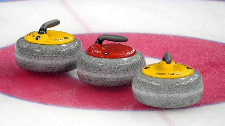 Feb 18, 2022; Beijing, China; A view of the stones used in the men's curling bronze medal game during the Beijing 2022 Olympic Winter Games at National Aquatics Center. Mandatory Credit: Andrew P. Scott-USA TODAY Sports