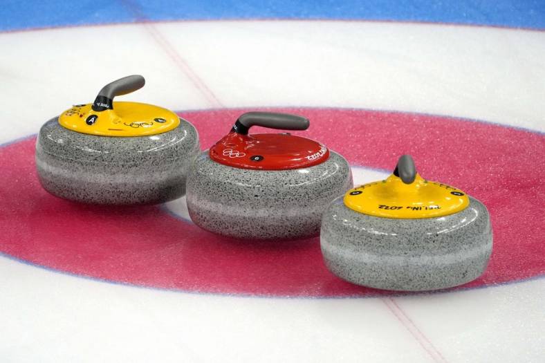 Feb 18, 2022; Beijing, China; A view of the stones used in the men's curling bronze medal game during the Beijing 2022 Olympic Winter Games at National Aquatics Center. Mandatory Credit: Andrew P. Scott-USA TODAY Sports