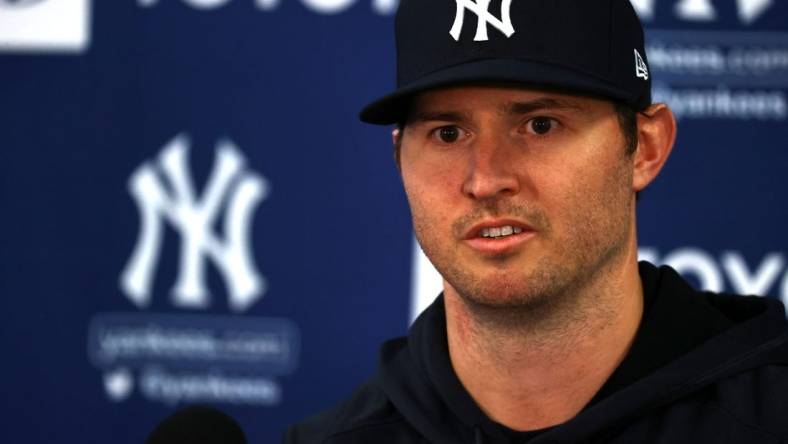 Mar 14, 2022; Tampa, FL, USA; New York Yankees relief pitcher Zack Britton (53) talks during a press conference at George M. Steinbrenner Field. Mandatory Credit: Kim Klement-USA TODAY Sports