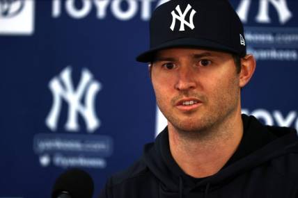 Mar 14, 2022; Tampa, FL, USA; New York Yankees relief pitcher Zack Britton (53) talks during a press conference at George M. Steinbrenner Field. Mandatory Credit: Kim Klement-USA TODAY Sports