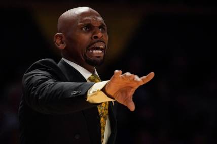 Vanderbilt head coach Jerry Stackhouse yells at his players during the second half of a first round NIT basketball game against Belmont at Memorial Gymnasium Tuesday, March 15, 2022 in Nashville, Tenn.

Nas Vandy Belmont Nit 020