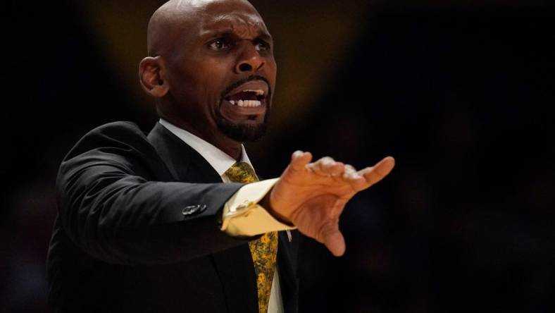 Vanderbilt head coach Jerry Stackhouse yells at his players during the second half of a first round NIT basketball game against Belmont at Memorial Gymnasium Tuesday, March 15, 2022 in Nashville, Tenn.

Nas Vandy Belmont Nit 020