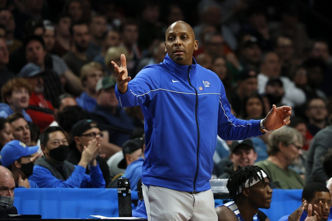 Mar 19, 2022; Portland, OR, USA; Memphis Tigers head coach Penny Hardaway against Gonzaga Bulldogs during the first half in the second round of the 2022 NCAA Tournament at Moda Center. Mandatory Credit: Soobum Im-USA TODAY Sports