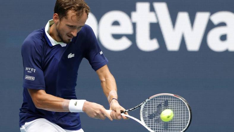 Mar 31, 2022; Miami Gardens, FL, USA; Daniil Medvedev serves against Hubert Hurkacz (POL)(not pictured) in a men's singles quarterfinal in the Miami Open at Hard Rock Stadium. Mandatory Credit: Geoff Burke-USA TODAY Sports