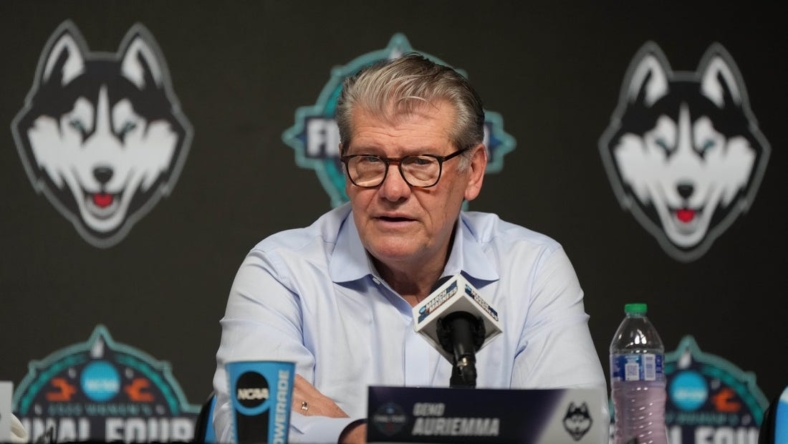 Apr 1, 2022; Minneapolis, MN, USA; UConn Huskies head coach Geno Auriemma speaks to the media after defeating the Stanford Cardinal in the Final Four semifinals of the women's college basketball NCAA Tournament at Target Center. Mandatory Credit: Kirby Lee-USA TODAY Sports