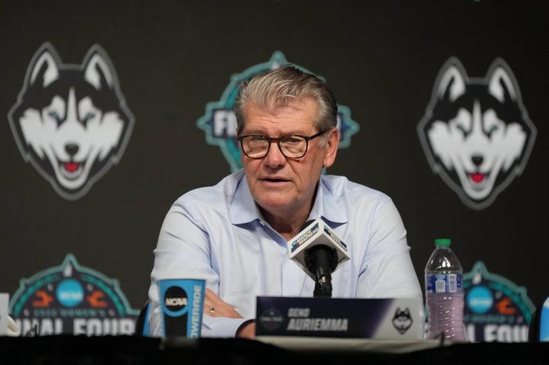 Apr 1, 2022; Minneapolis, MN, USA; UConn Huskies head coach Geno Auriemma speaks to the media after defeating the Stanford Cardinal in the Final Four semifinals of the women's college basketball NCAA Tournament at Target Center. Mandatory Credit: Kirby Lee-USA TODAY Sports