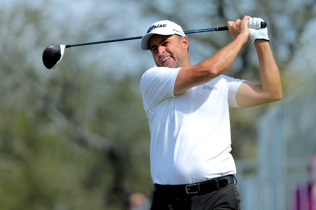 Apr 3, 2022; San Antonio, Texas, USA; Richard Bland hits a tee shot at the first hole during the final round of the Valero Texas Open golf tournament. Mandatory Credit: Erik Williams-USA TODAY Sports