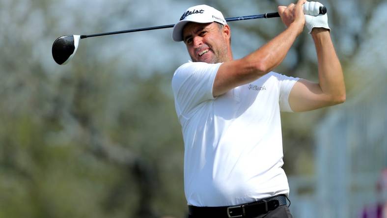 Apr 3, 2022; San Antonio, Texas, USA; Richard Bland hits a tee shot at the first hole during the final round of the Valero Texas Open golf tournament. Mandatory Credit: Erik Williams-USA TODAY Sports