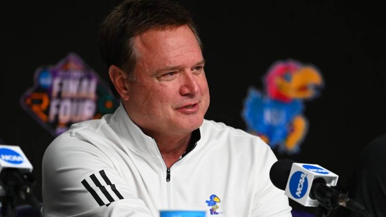 Apr 4, 2022; New Orleans, LA, USA; Kansas Jayhawks head coach Bill Self speaks during a press conference after defeating the North Carolina Tar Heels in the 2022 NCAA men's basketball tournament Final Four championship game at Caesars Superdome. Mandatory Credit: Bob Donnan-USA TODAY Sports