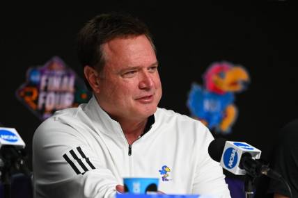Apr 4, 2022; New Orleans, LA, USA; Kansas Jayhawks head coach Bill Self speaks during a press conference after defeating the North Carolina Tar Heels in the 2022 NCAA men's basketball tournament Final Four championship game at Caesars Superdome. Mandatory Credit: Bob Donnan-USA TODAY Sports