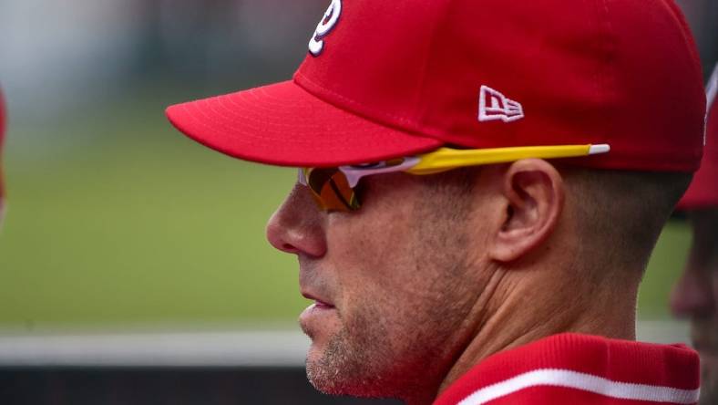 Apr 7, 2022; St. Louis, Missouri, USA;  St. Louis Cardinals bench coach Skip Schumaker (55) looks on from the dugout during the sixth inning of Opening Day against the Pittsburgh Pirates at Busch Stadium. Mandatory Credit: Jeff Curry-USA TODAY Sports