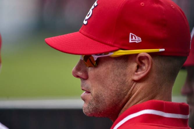 Manager Skip Schumaker of the Miami Marlins looks on against the