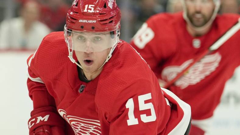 Apr 23, 2022; Detroit, Michigan, USA; Detroit Red Wings left wing Jakub Vrana (15) skates on the ice during the first period against the Pittsburgh Penguins at Little Caesars Arena. Mandatory Credit: Raj Mehta-USA TODAY Sports