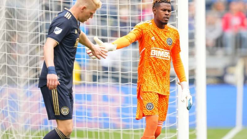 Apr 23, 2022; Chester, Pennsylvania, USA;  Philadelphia Union goalkeeper Andre Blake (18) and Philadelphia Union defender Jakob Glesnes (5) react to a play against CF Montr  al during the second half at Subaru Park. Mandatory Credit: Mitchell Leff-USA TODAY Sports