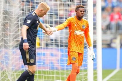 Apr 23, 2022; Chester, Pennsylvania, USA;  Philadelphia Union goalkeeper Andre Blake (18) and Philadelphia Union defender Jakob Glesnes (5) react to a play against CF Montr  al during the second half at Subaru Park. Mandatory Credit: Mitchell Leff-USA TODAY Sports