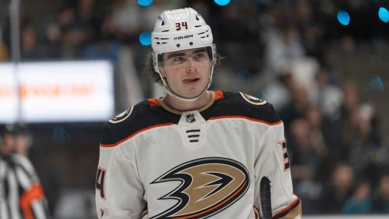 Apr 26, 2022; San Jose, California, USA;  Anaheim Ducks defenseman Jamie Drysdale (34) during the second period against the San Jose Sharks at SAP Center at San Jose. Mandatory Credit: Stan Szeto-USA TODAY Sports