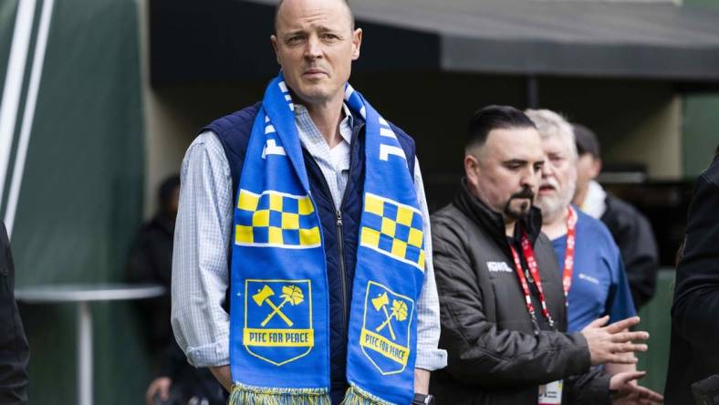 Apr 27, 2022; Portland, OR, USA; Timbers owner Merritt Paulson before a Peace Charity soccer Match between player with the Portland Thorns FC and Portland Timbers at Providence Park. Mandatory Credit: Troy Wayrynen-USA TODAY Sports