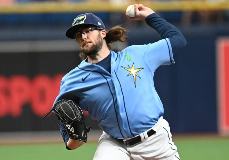 May 1, 2022; St. Petersburg, Florida, USA; Tampa Bay Rays pitcher Josh Fleming (19) throws a pitch in the first inning against the Minnesota Twins  at Tropicana Field. Mandatory Credit: Jonathan Dyer-USA TODAY Sports